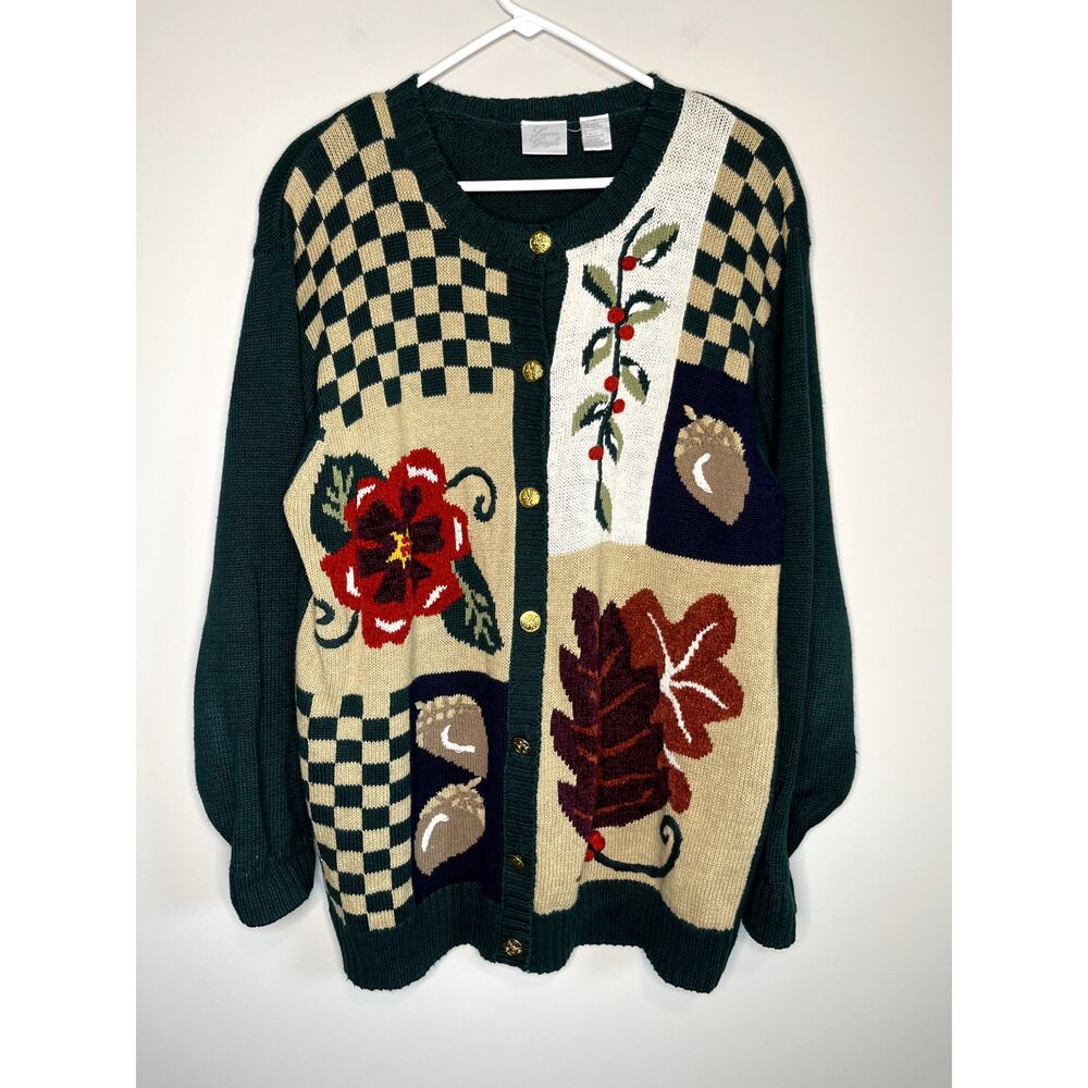 1980s Laura Gayle Patchwork Chenille Leaves Acorns Checkered Floral Cardigan XL